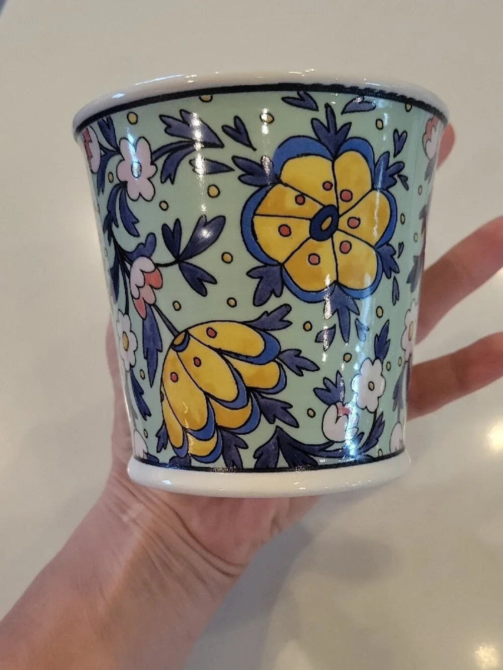 Bloom Floral Ceramic Planter with Pink Glaze Interior